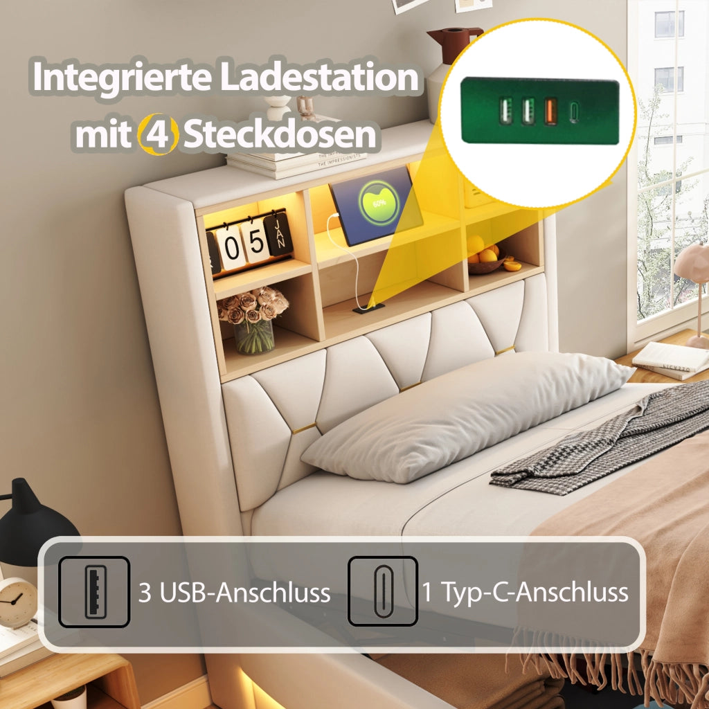 Letto matrimoniale contenitore 140x200 cm con LED tramite App; rete in metallo; USB e vano contenitore; lino beige