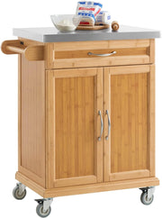 Carrello cucina con ruote, piano in acciaio inox, mobile cucina salvaspazio in bambù, isola cucina moderna – Ideale per cucina, sala da pranzo o ristorazione – 66x92x46 cm, FKW13-N