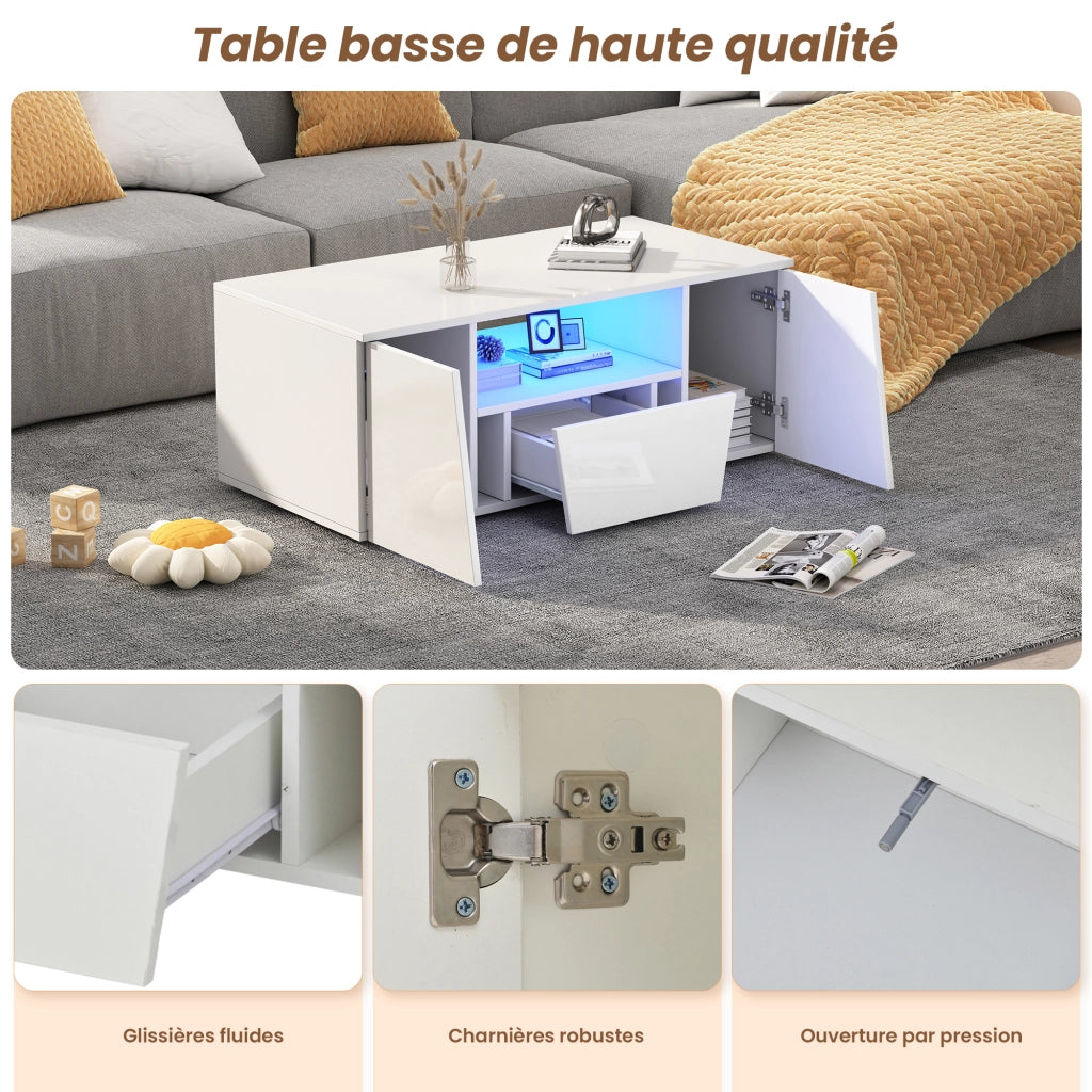 Tavolino da salotto con 2 Ante; 1 Cassetto; 1 Vano e LED; finitura lucida per Soggiorno; in Truciolare; Bianco