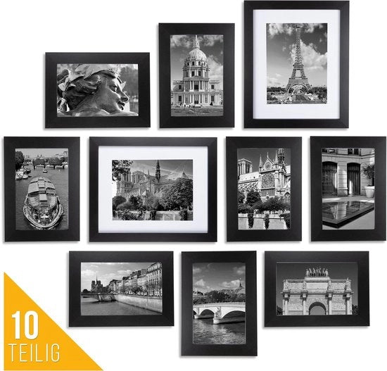 Set di 10 cornici fotografiche in legno nero di diverse misure - Appoggiate e Sospese