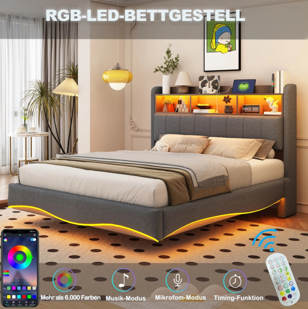 Letto imbottito sospeso 140x200 cm grigio con LED; USB e Type-C