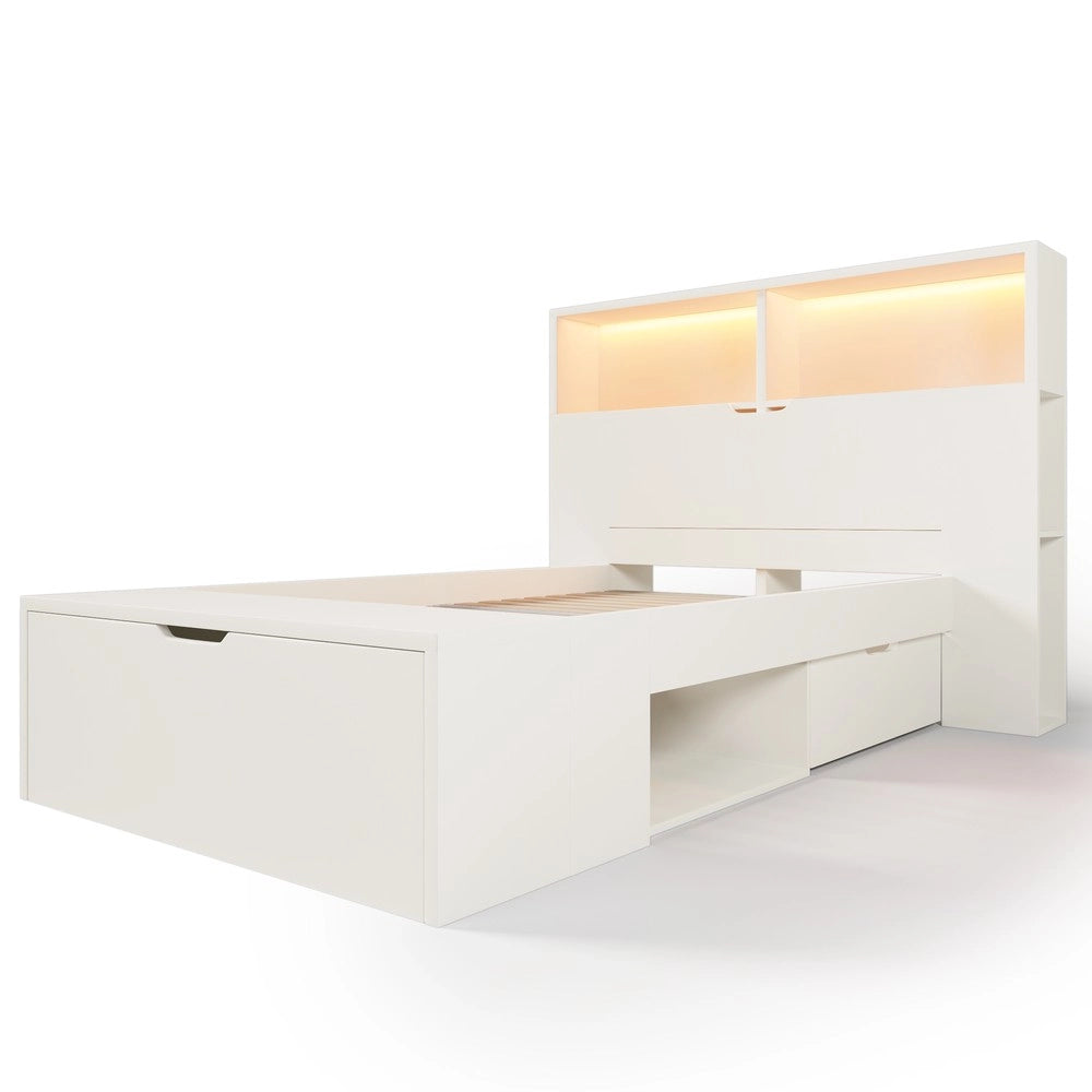 Letto Singolo in Legno con Contenitore, LED, Cassetti e Doghe ¨C MINIMAL ¨C Bianco 90x200