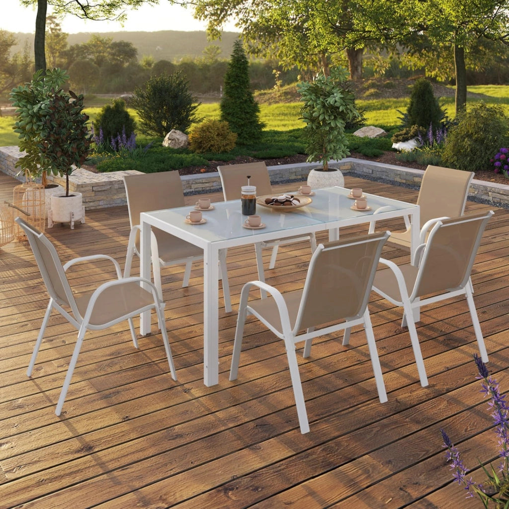 Set di mobili da Giardino Madrid Tavolo 150 CM e 6 sedie impilabili Bianco e Beige