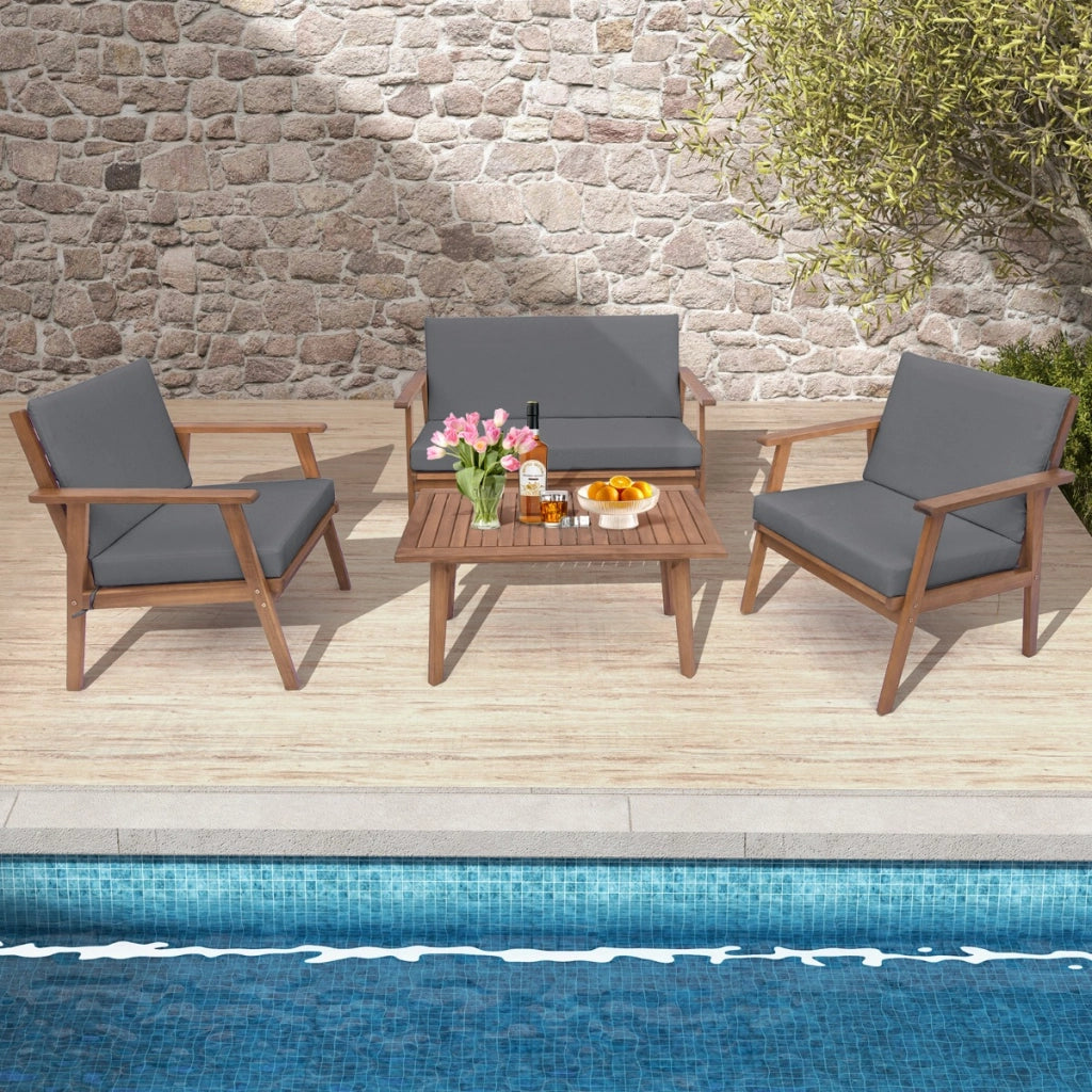 Set da divano in legno di acacia con cuscini morbidi per sedile e schienale, Set di conversazione da esterno in 4 pezzi Grigio-Set mobili da esterno