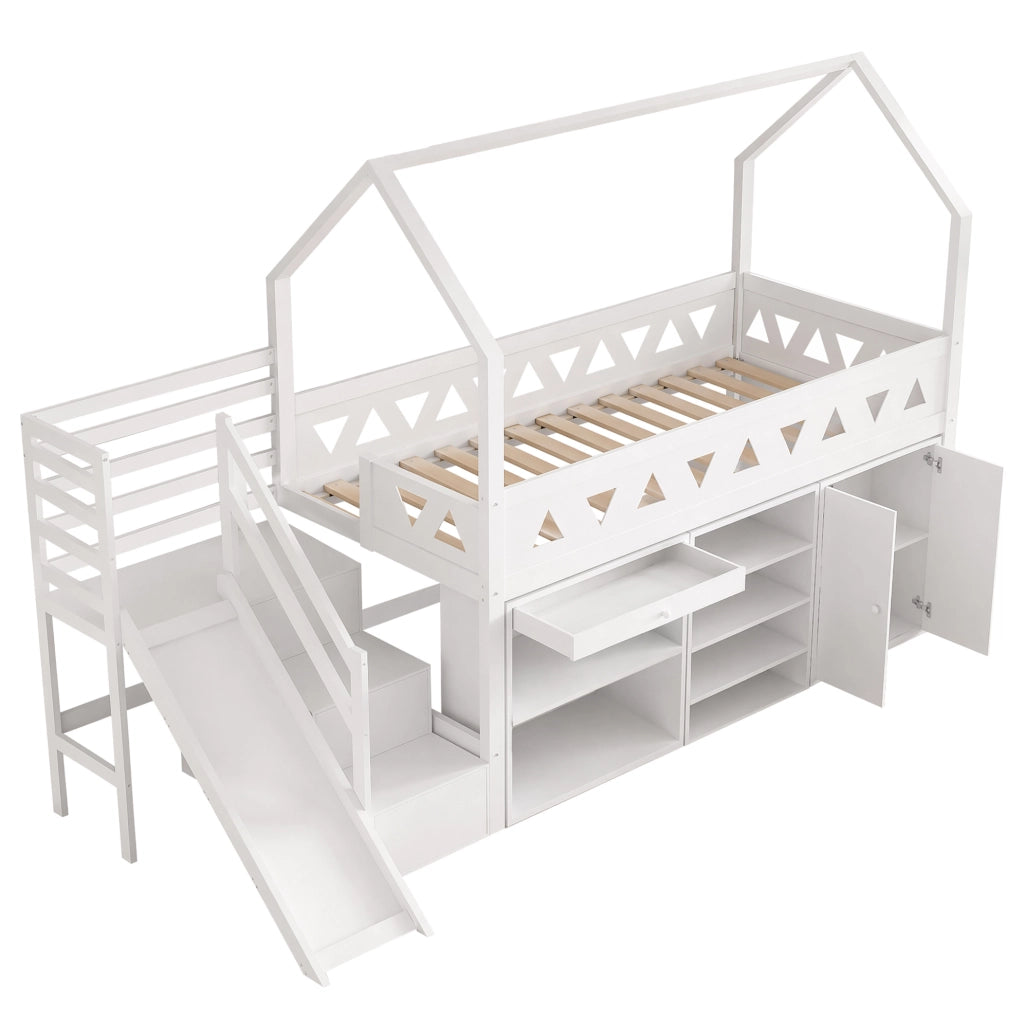 Letto per bambini multifunzionale con scivolo, scale e contenitori 90x200 cm