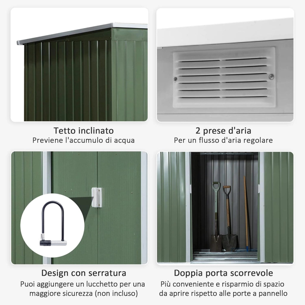Casetta da Giardino in Acciaio con Tetto Inclinato, Doppia Porta Scorrevole e Prese d'Aria, 213x130x173 cm, Verde