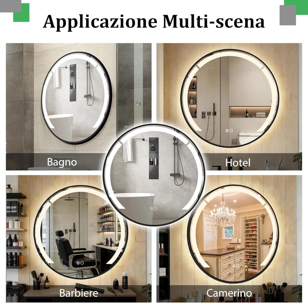 Specchio da Bagno LED Rotondo da 60 Cm, Specchio da Toeletta con Cornice in Alluminio, Funzione Antifog, 3 Colori di Luce e Luminosità Regolabile, Specchio Smart da Montare a Parete