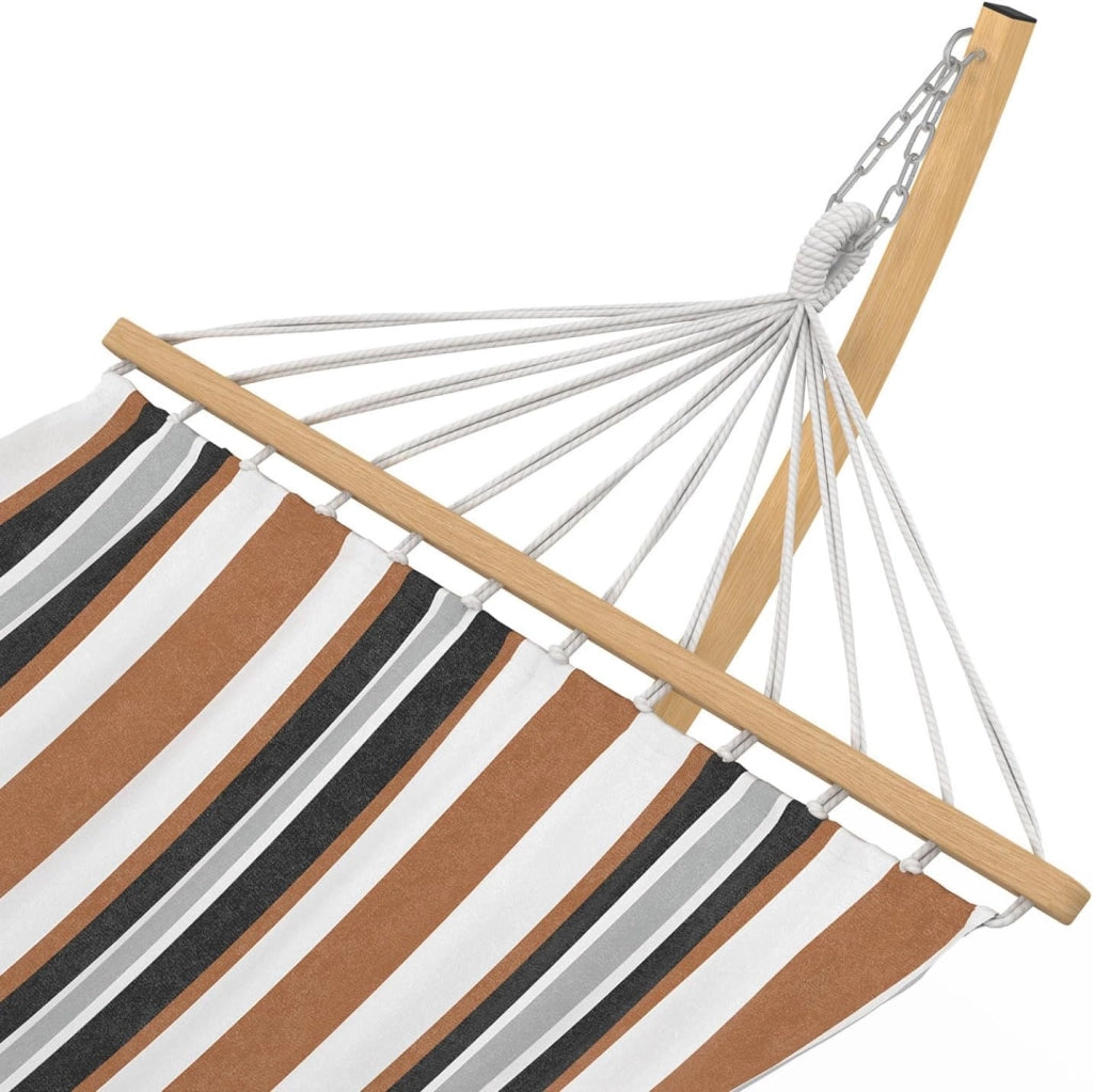 Amaca XL con supporto in metallo effetto legno e tessuto a righe nere, bianche e cioccolato