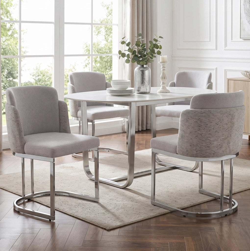 Set di 2 sedie in ciniglia con schienale doppio e gambe in metallo galvanizzato; grigio e argento