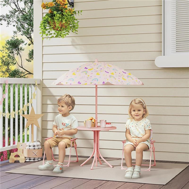 SET DA GIARDINO PER BAMBINI 2-5 ANNI CON TAVOLINO ROTONDO, 2 SEDIE PIEGHEVOLI E UN OMBRELLONE, ROSA