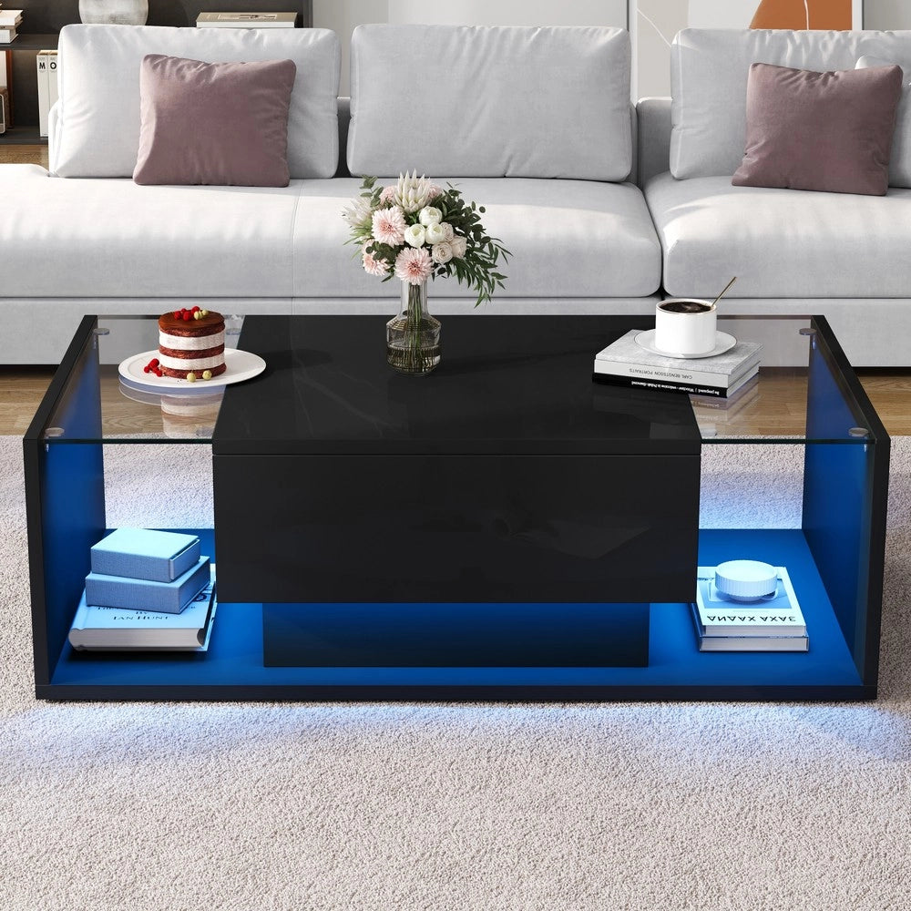 Tavolino da Caff¨¨ con LED e Cassetto ¨C MINIMAL ¨C Vetro Temperato Nero Lucido 100x50x31