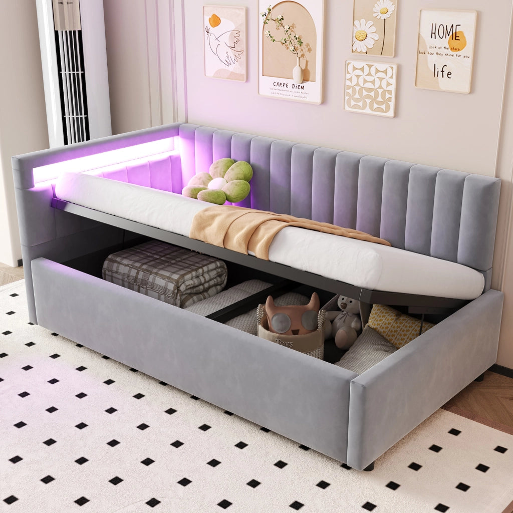 OKWISH Letto Divano 90×200 cm, Letto Singolo con LED Regolabile, Vano Contenitore Idraulico e Testiera Reversibile, senza Materasso, Grigio