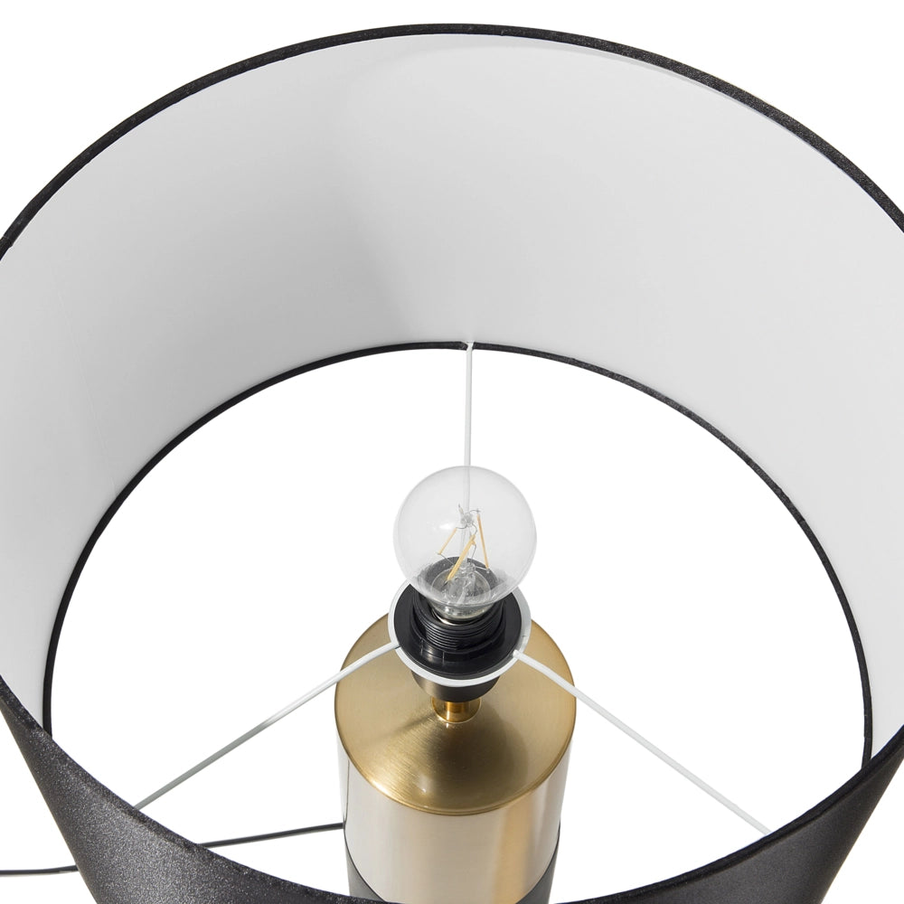 Lampada da Tavolo Comodino Grigio Chiaro Base Rotonda Tessuto Nero Paralume Rotondo Tamburo