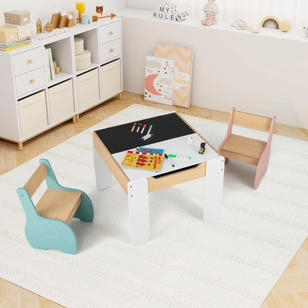 3 in 1 Set Tavolo e Sedie per Bambini, Tavolo da Attività per Bambini con 2 Sedie, Lavagna Rimovibile e Deposito, per Giocare, Disegnare e Leggere, in Legno (Multicolori)