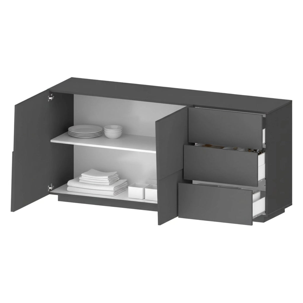 Credenza Avelignese, Buffet da soggiorno, Madia da salotto con 2 ante e 3 cassetti, 180x44h86 cm, Antracite