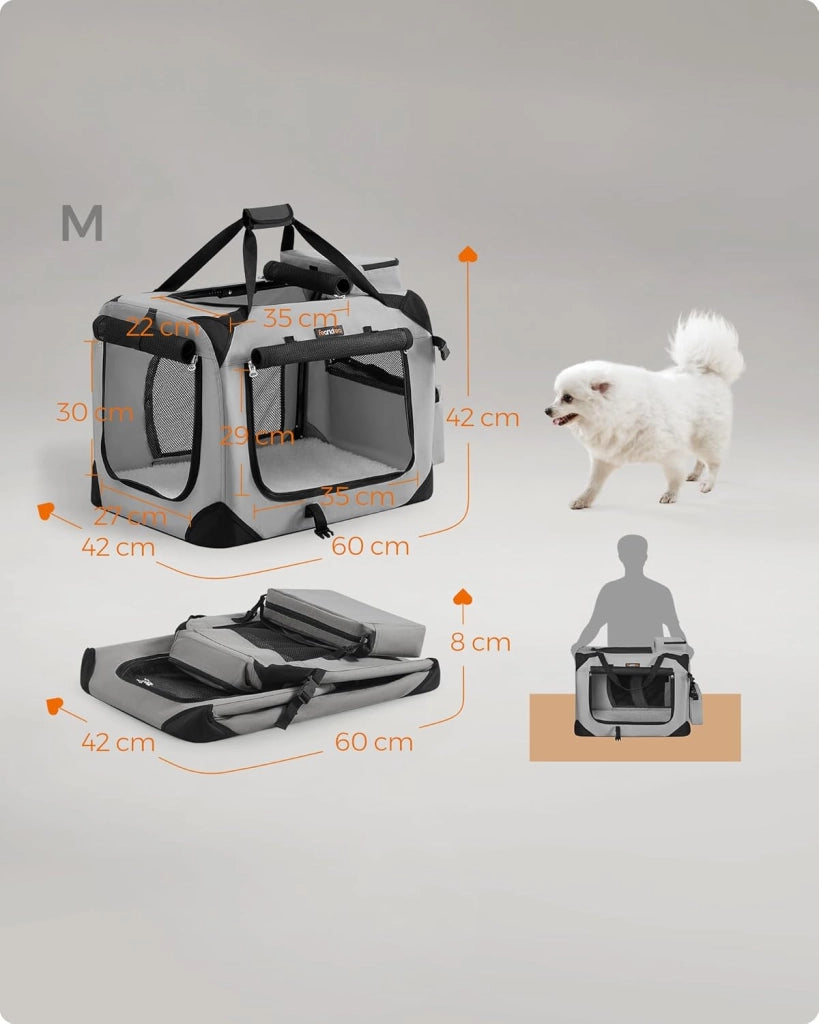 Feandrea PDC060G02 - Contenitore pieghevole per cani, M, in tessuto Oxford, con rete, traspirante, portatile, telaio in metallo, con manici, tasche, 60 x 42 x 42 cm, grigio fumo