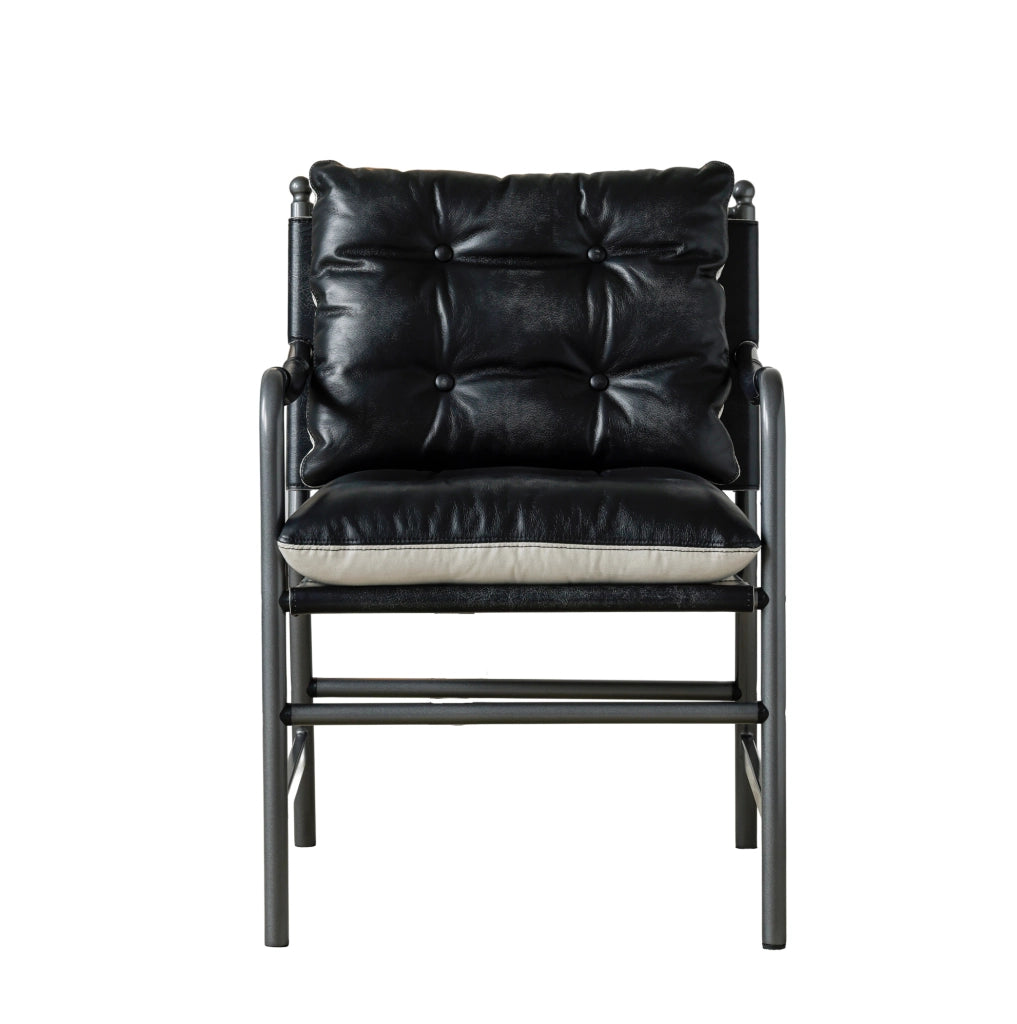 Poltrona accent mid-century moderna in pelle nera con struttura in metallo e braccioli