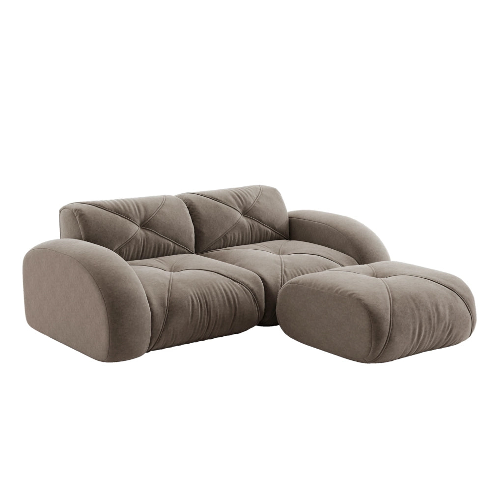 Divano modulare taupe in chenille con pouf; schiuma 32D ad alta densità