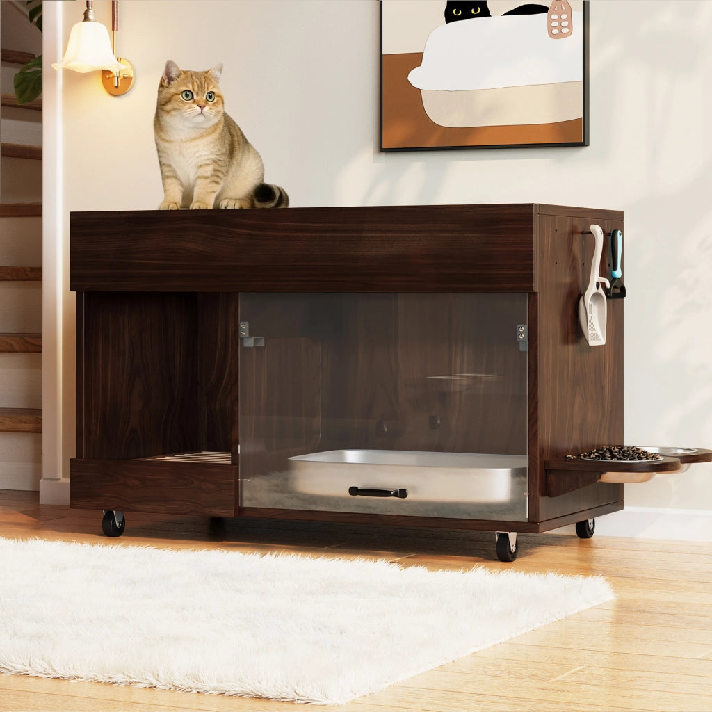 MOBILE LETTIERA GATTO 100 x 45,5 x 67 cm Noce con 2 ciotole