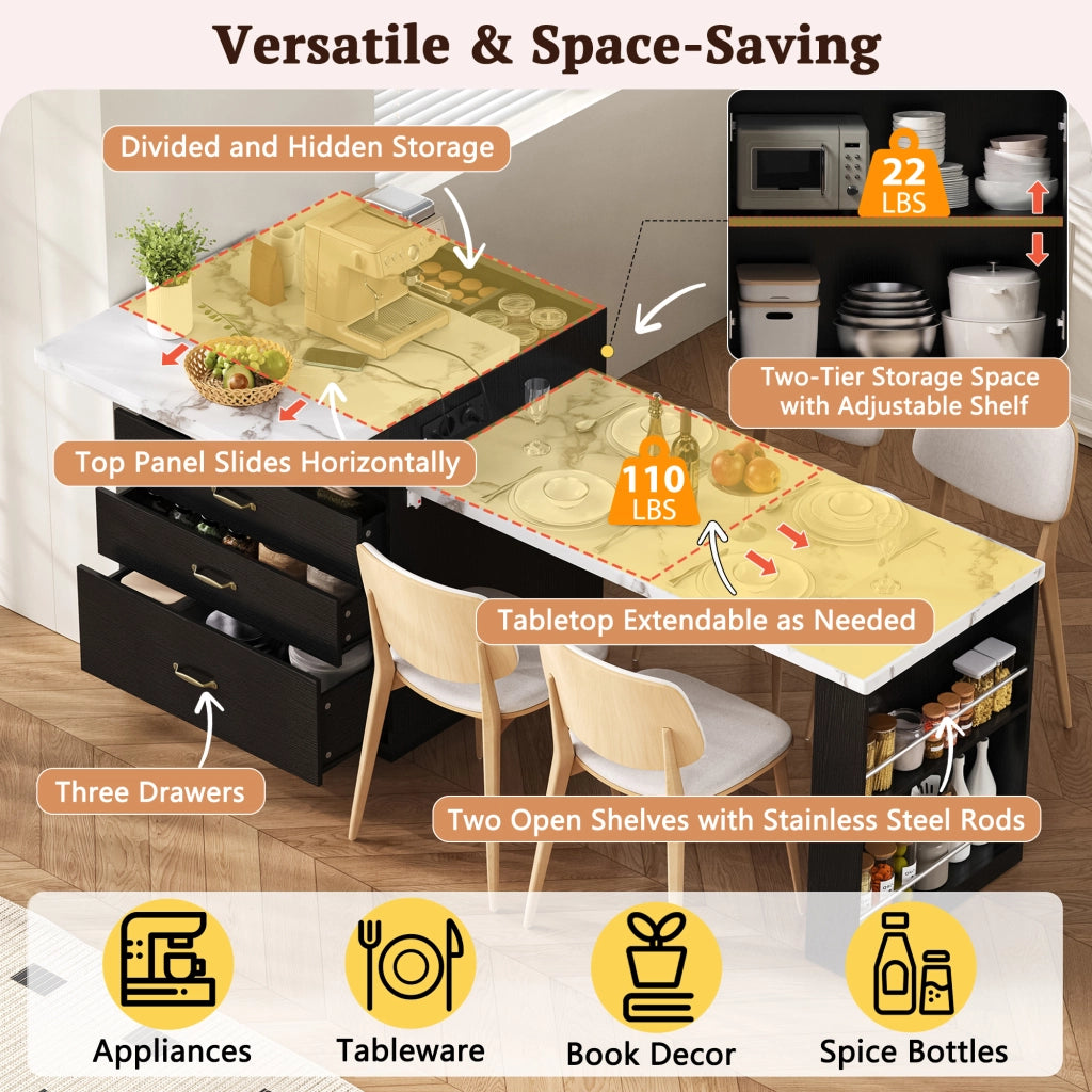 Carrello da Cucina con Tavolo Estensibile; 2 Cassetti; Ripiani Aperti; LED; USB e Type-C; in MDF; Nero