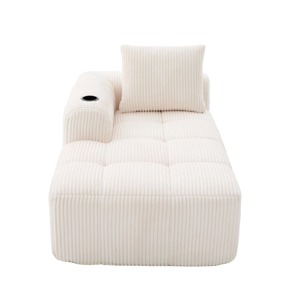 Divano compatto in corduroy beige con tasche laterali e portabicchieri, imbottitura in schiuma ad alta densità e molle, 158x93x61 cm
