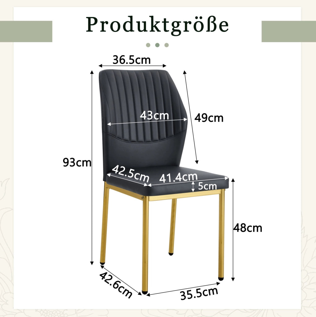 Set 4 sedie da pranzo moderne in PU nero con gambe in metallo oro; altezza 93 cm