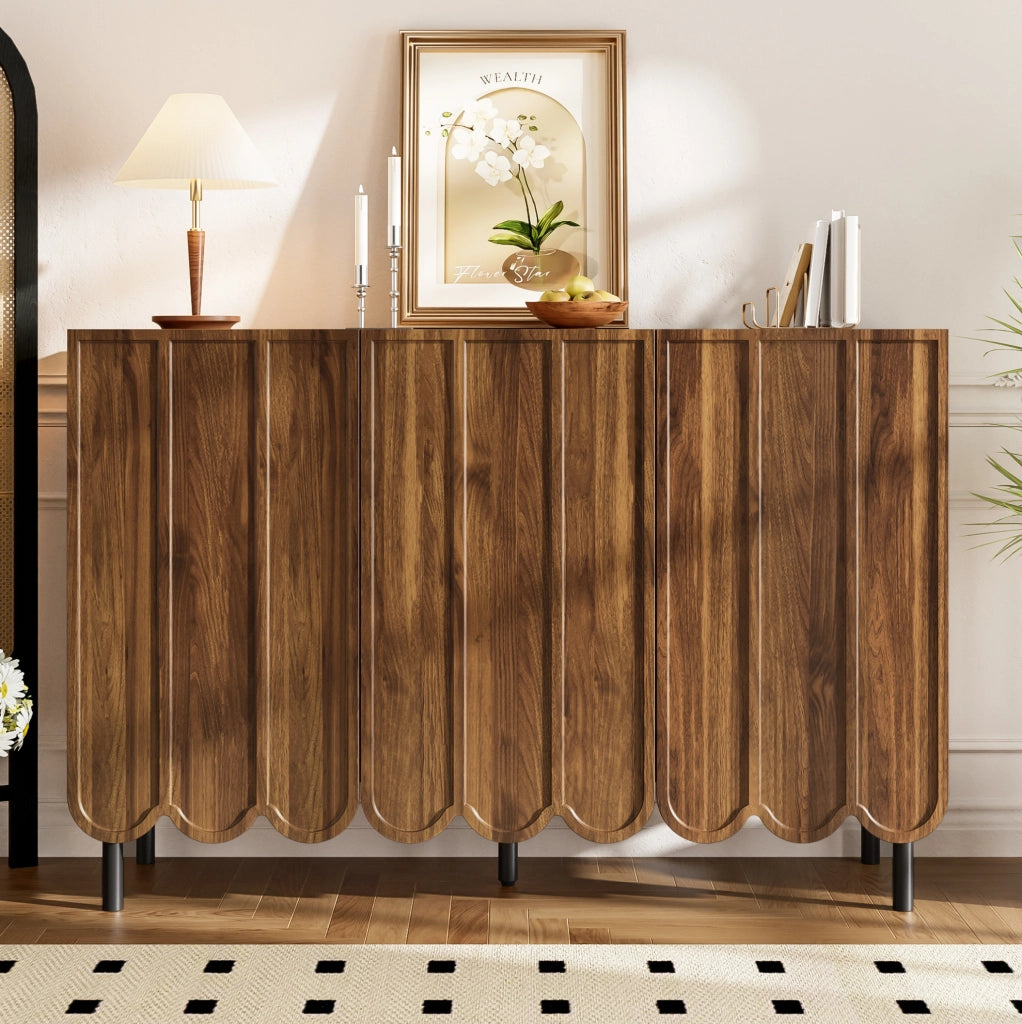 Credenza 120x35x80 cm color noce in MDF, ante ondulate e ripiani regolabili