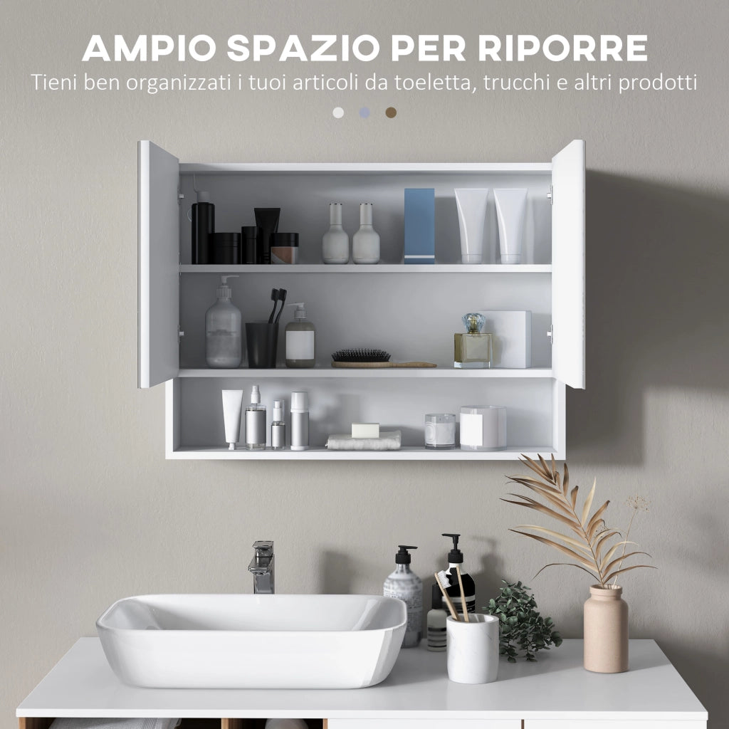 Armadio a Muro con Specchio, Luci LED, Ripiani Aperto e Interno ¨C Zephmum ¨C Bianco 80x15x60cm