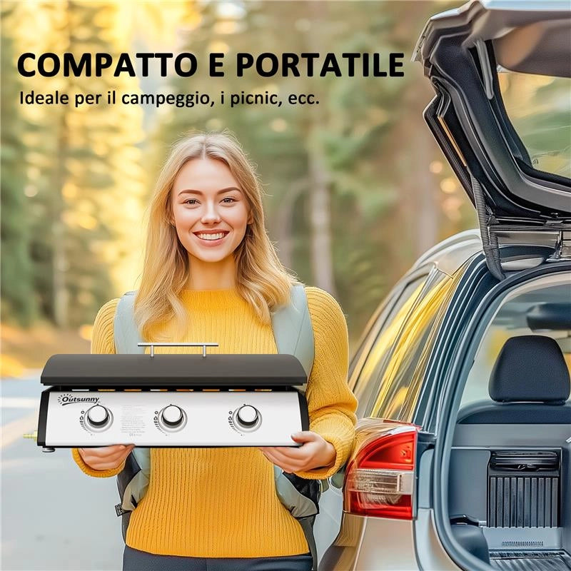 PIASTRA A GAS IN ACCIAIO SMALTATO CON 3 BRUCIATORI POTENZA 7.5KW 3 ZONE DI COTTURA E COPERCHIO NERO