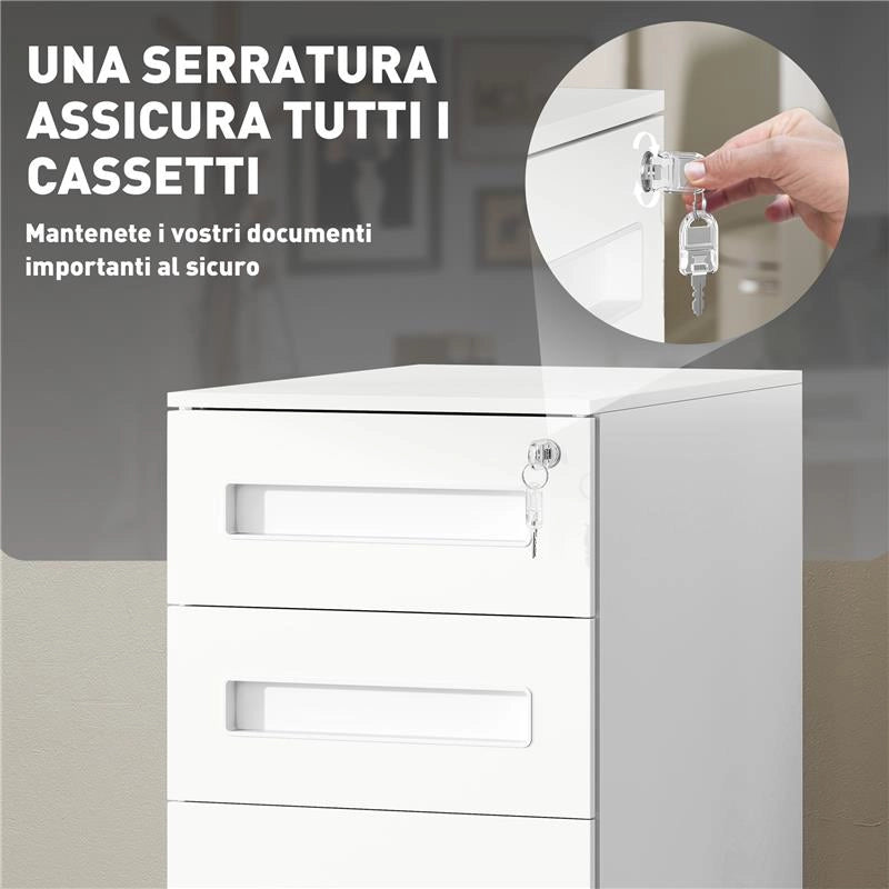 SCHEDARIO PORTADOCUMENTI IN ACCIAIO A 5 RUOTE CON 2 CASSETTI E VASSOIO PORTAPENNE 30X43.5X60 CM BIANCO