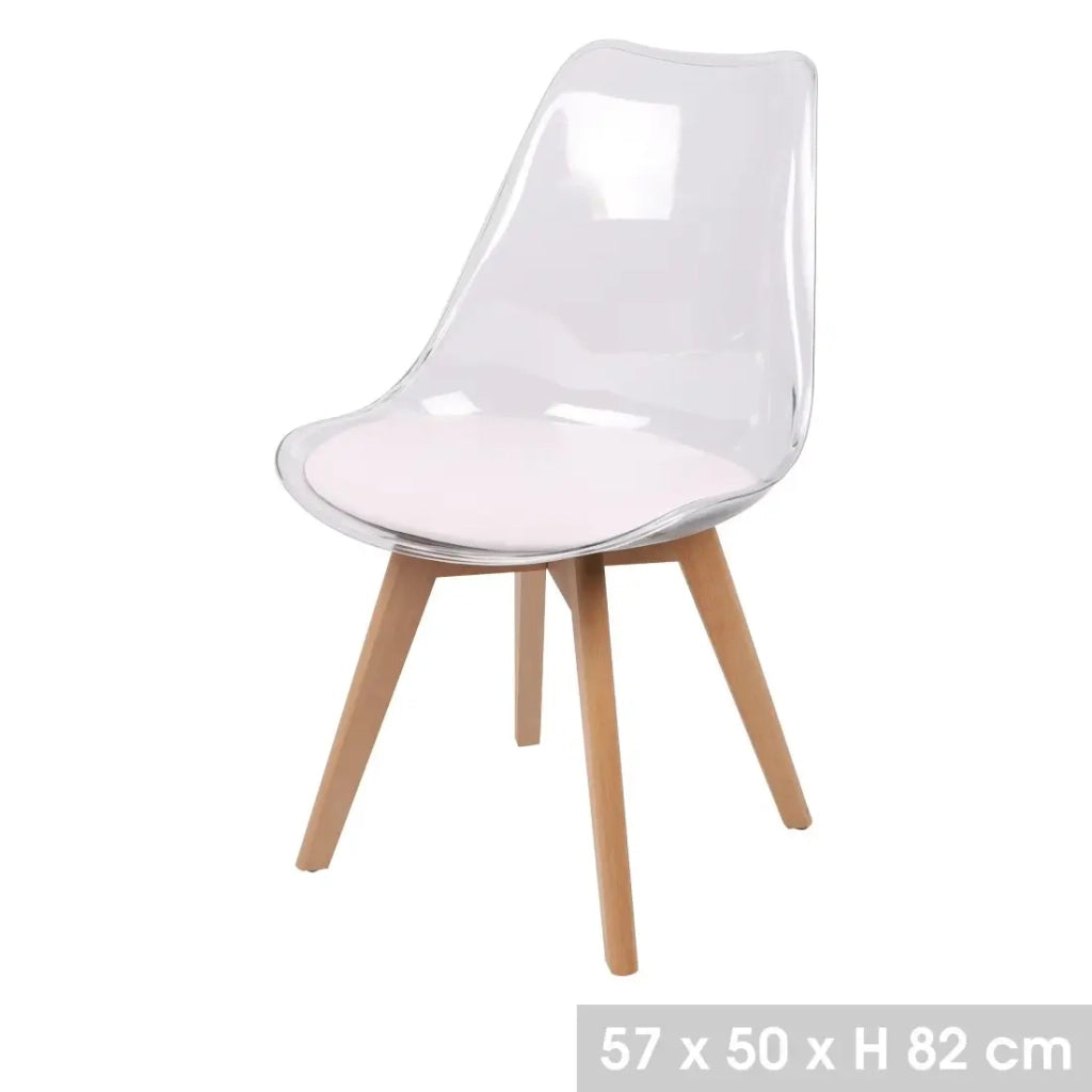 Set di 4 sedie trasparenti con seduta in PU bianco e gambe in legno - Collezione JOIE