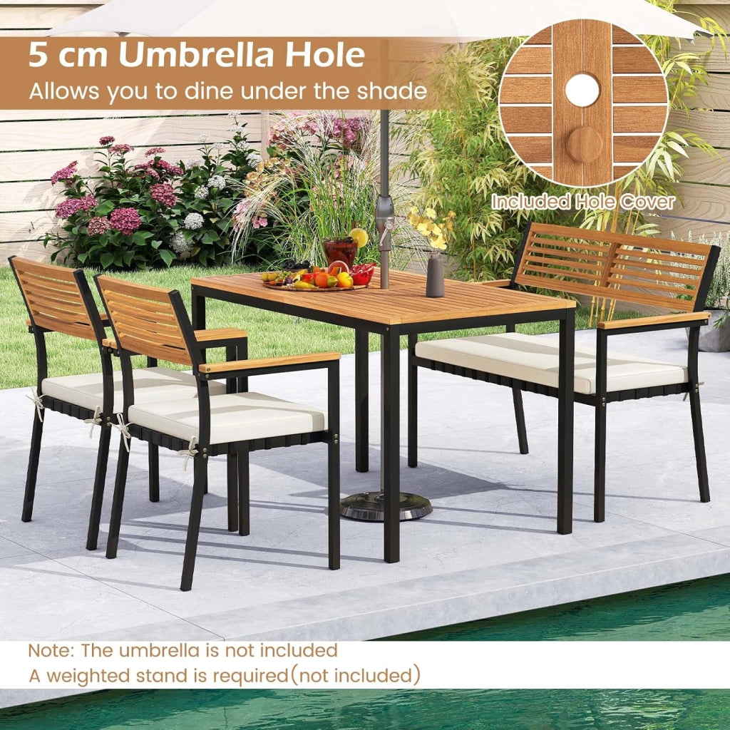 Tavolo da Giardino con 2 Sedie e Panca con Foro per Ombrellone e Cuscino Morbid, Set Pranzo da Giardino Ergonomico in Legno di Acacia, Design Impilabile, Set Salotto per Esterno da Balcone