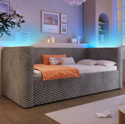 Divano letto 90x200 cm con contenitore idraulico e LED in velluto grigio