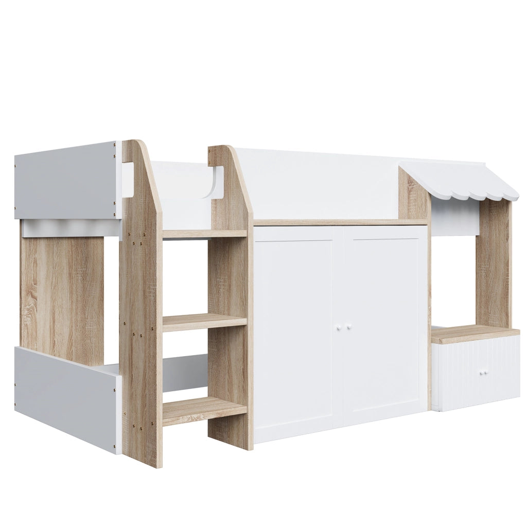Letto a soppalco 90x200 cm con scala e contenitore in legno bianco e colore naturale
