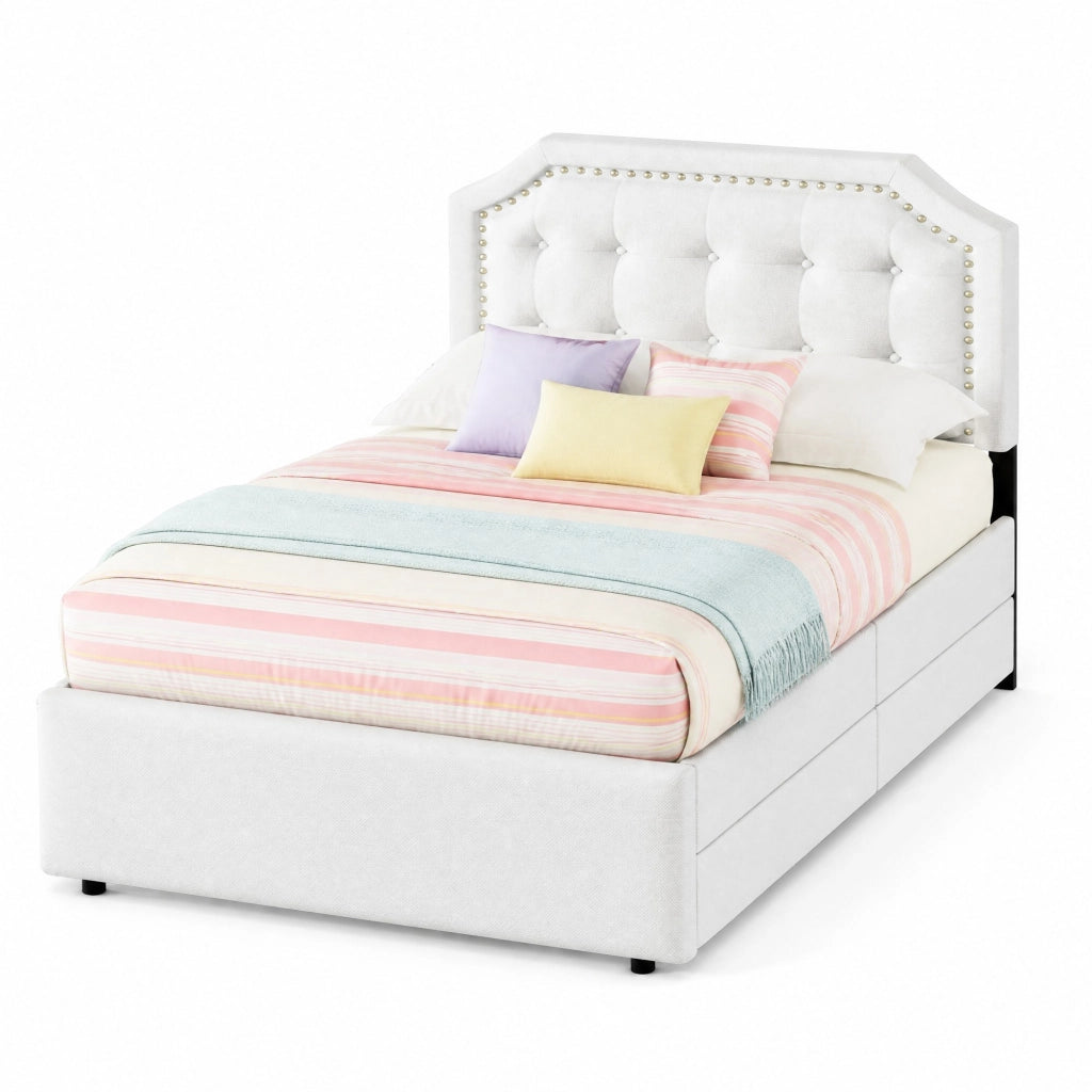 Letto imbottito 90x200 cm con 2 cassetti; testiera regolabile; in MDF e lino; beige chiaro