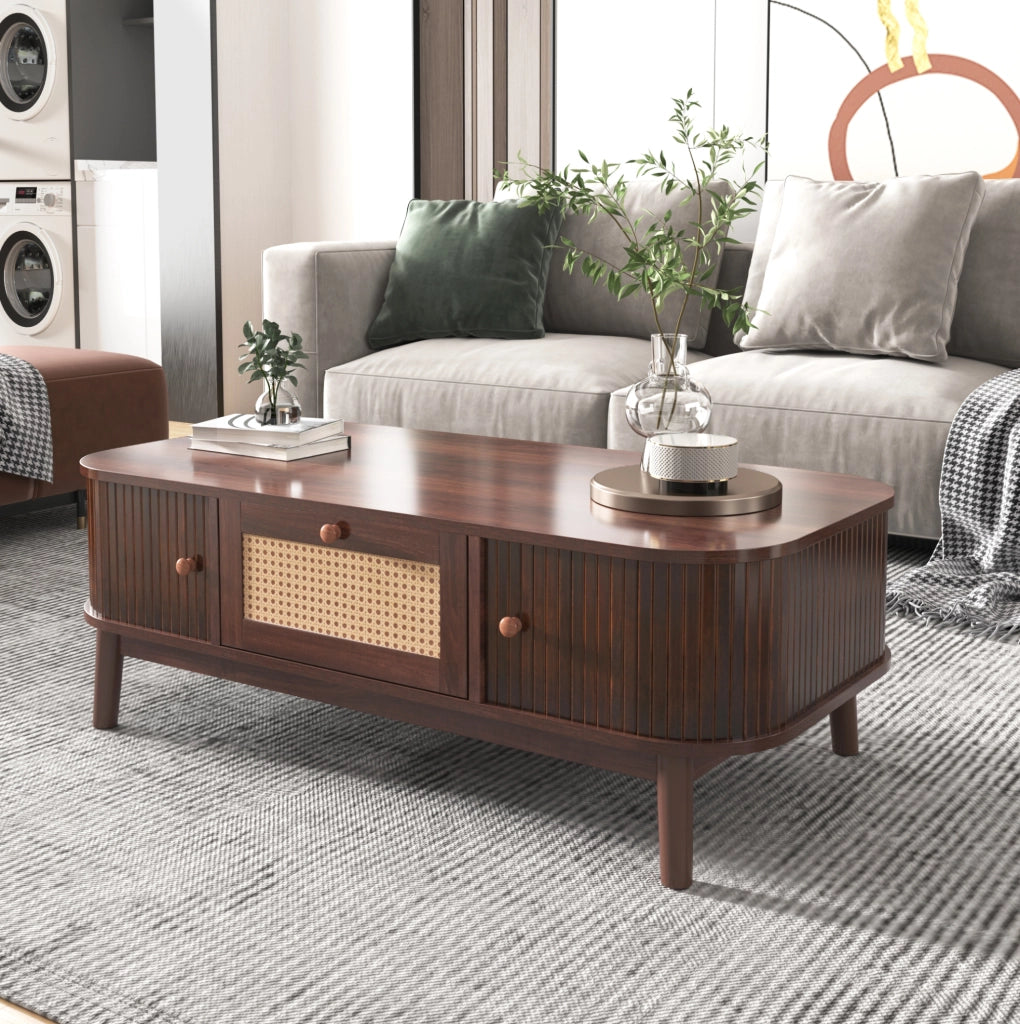 Tavolino da caffè in rattan con ante scorrevoli, 110 cm