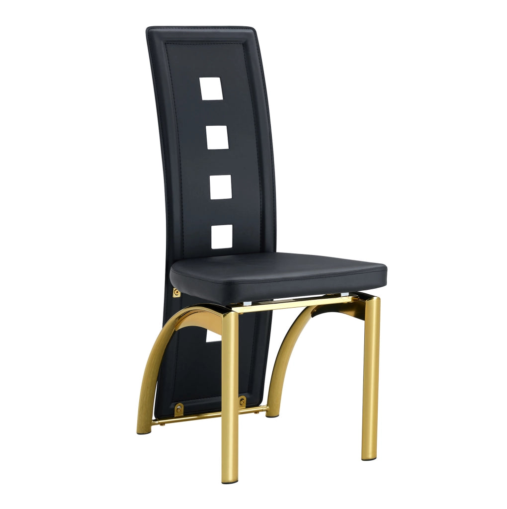 Set di 2 sedie da pranzo con schienale traforato; PU nero e gambe dorate