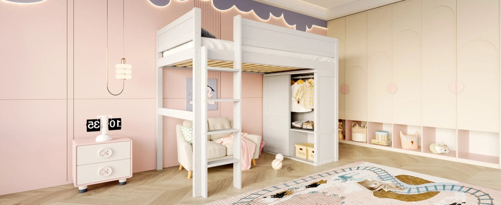DESMIU Letto a soppalco per bambini 90 × 200 cm 1 posto con armadio, vano e spazio libero, senza materasso, bianco