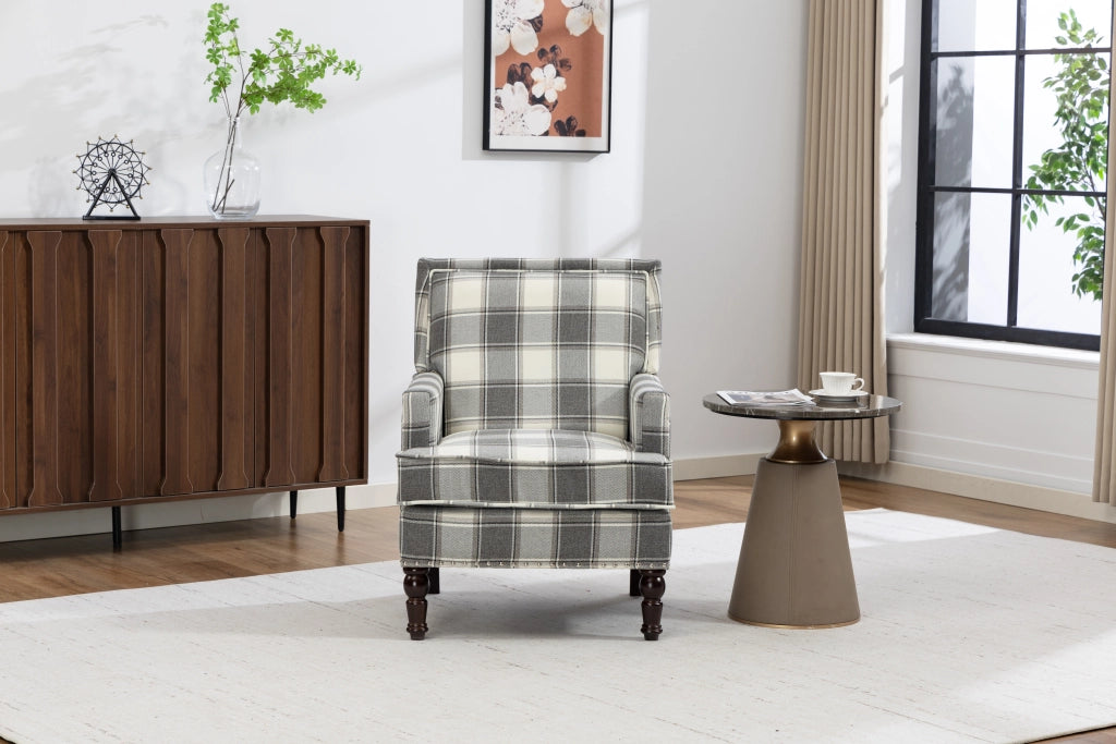 Sedia accent in stile vintage con rivestimento a righe bianco e grigio, struttura in legno e montaggio facile