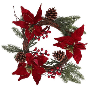 Coroncina fiori pigne rosso oro tondo cm Ø50x10