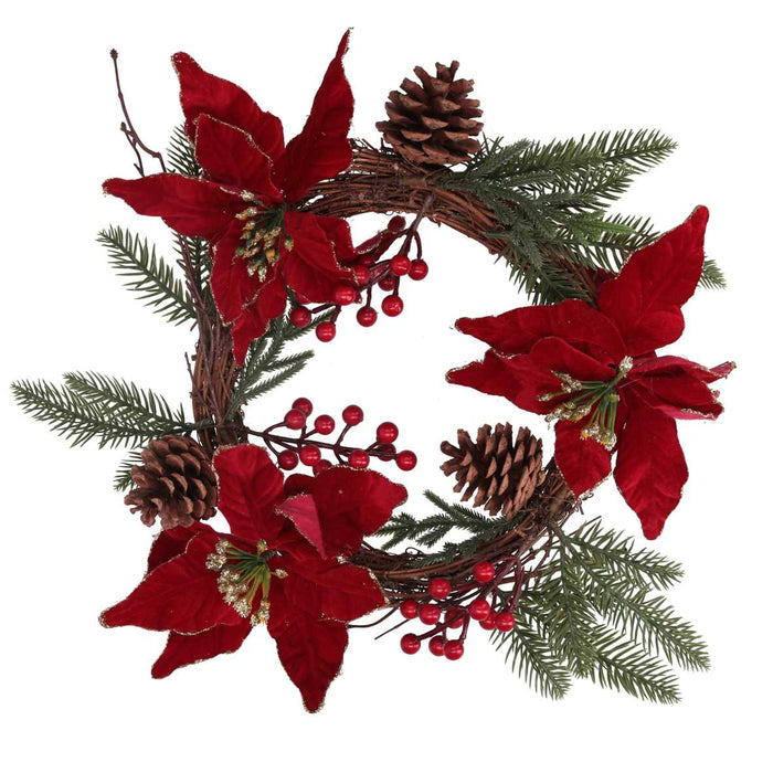 Coroncina fiori pigne rosso oro tondo cm Ø50x10