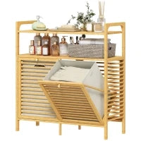 Mobile Portabiancheria con 2 Cesti da 41L e 2 Ripiani, in Bambù e Poliestere, 82x33x88 cm, color Legno e Crema