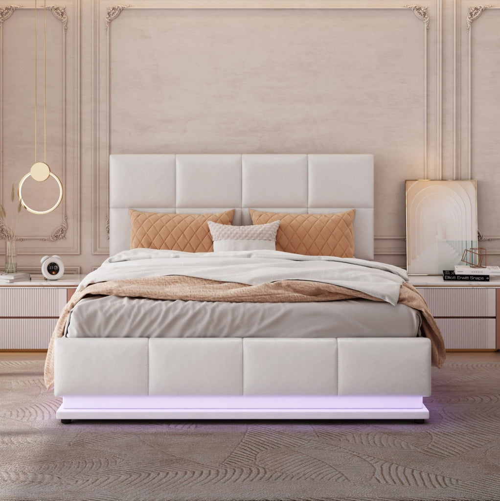 Letto imbottito 140x200 cm con LED e contenitore idraulico in MDF; metallo e pelle