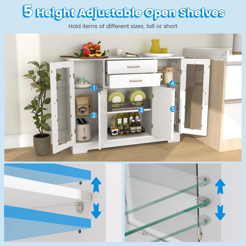 Credenza da cucina in legno, armadio a buffet multiuso con ante e ripiani in vetro temperato, mobile ausiliario per sala da pranzo, soggiorno, bagno, 107 x 30 x 81 cm