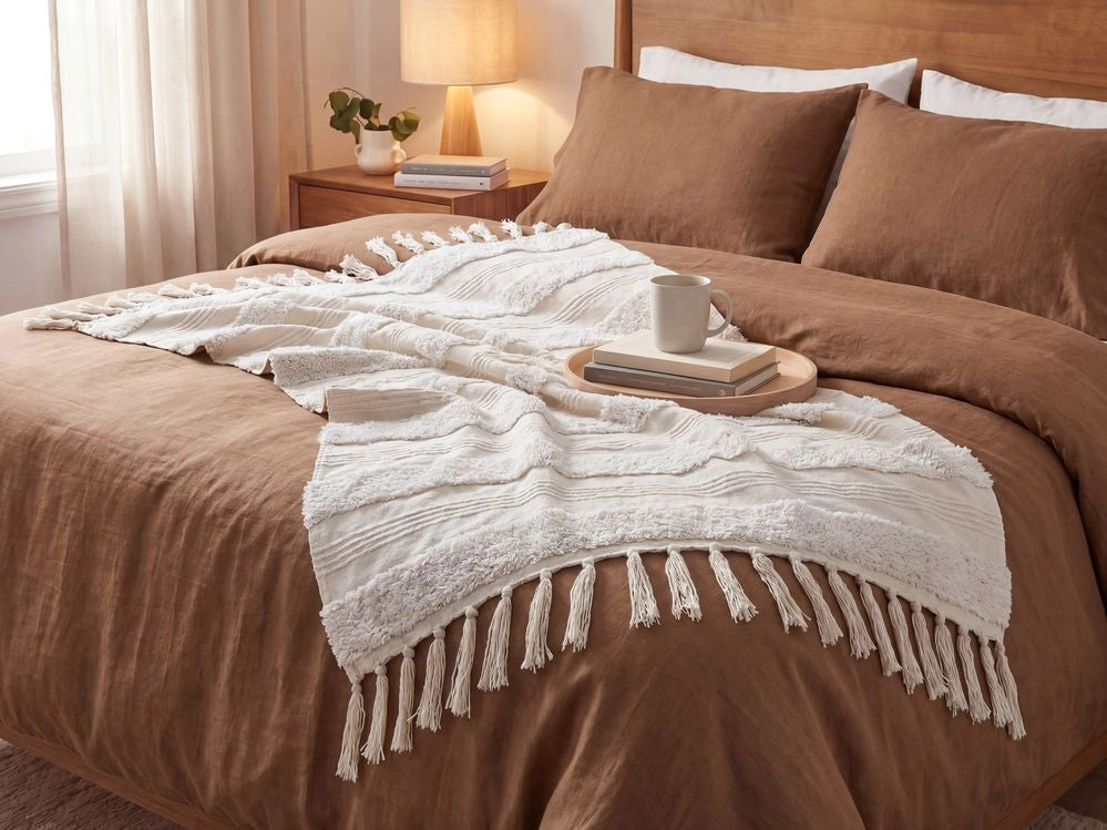 Coperta cotone beige chiaro 130 x 180 cm motivo geometri copriletto accogliente accessorio