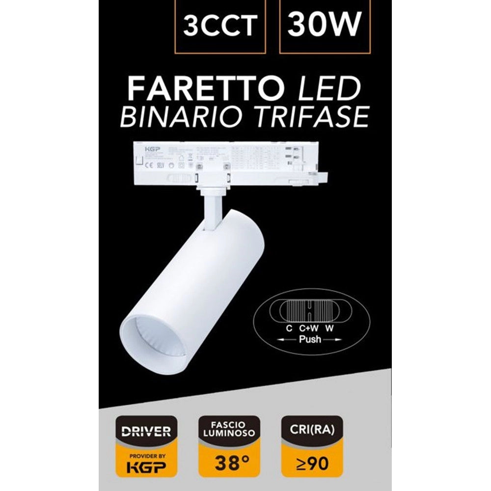Trade Shop - Faretto A Led Per Pista Binario Trifase 30 W Cct Luce 300k-4000k-5000k Ip20 Gd23k-3c - Bianco