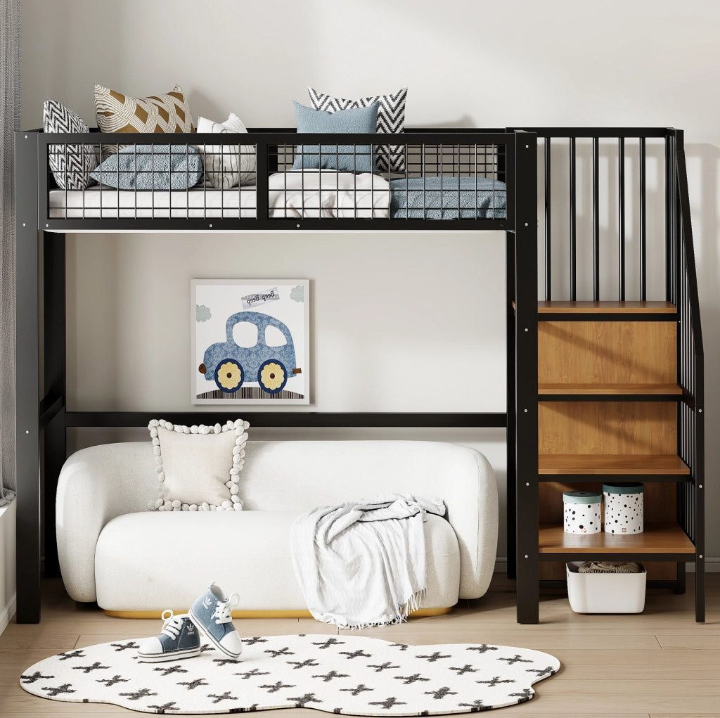 Letto a soppalco 90x200 cm con scala; armadio e ripiani in metallo e MDF; nero