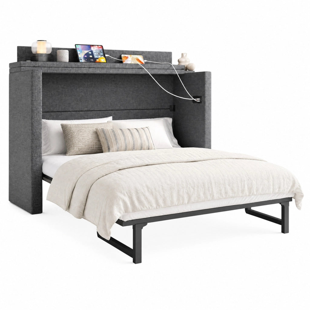 Letto a scomparsa 140x200 cm con cassetto; USB e Type-C; lino grigio