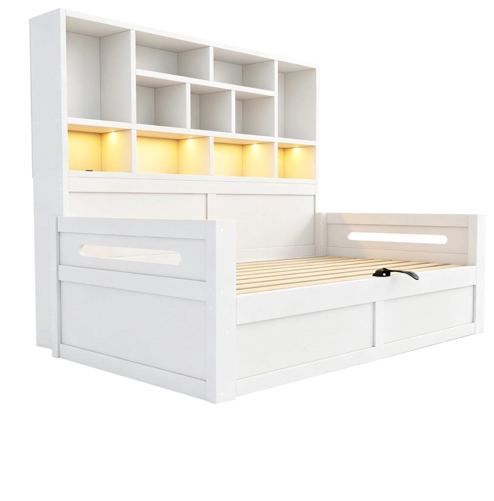 Letto singolo multifunzione ULEVR 90x200 cm con vano idraulico, LED e prese, MDF bianco