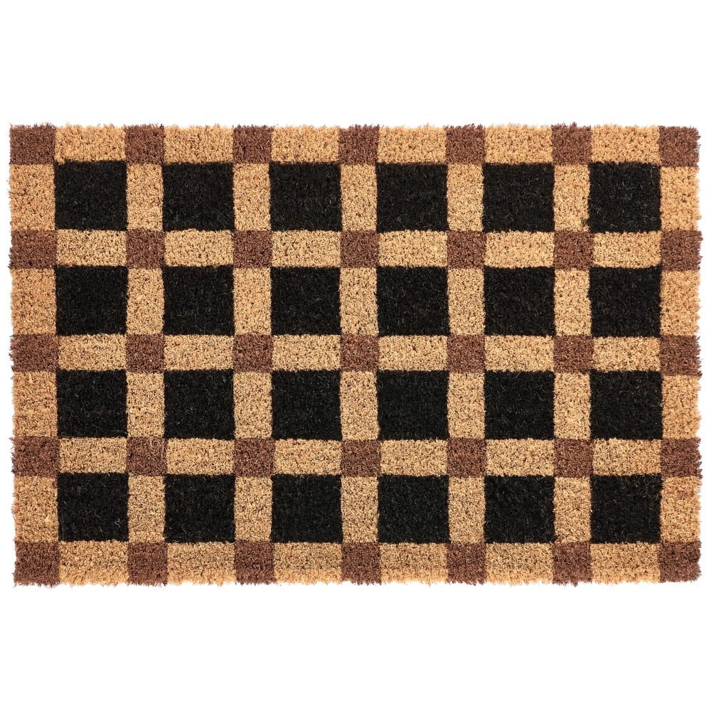 Zerbino in fibra di cocco beige e nero con fondo antiscivolo, 40 x 60 cm. Zerbino decorativo antiscivolo con motivo a quadri